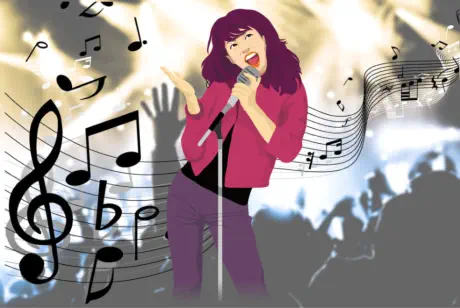 Eine Sängerin mit jubelnden Fans und fliegenden Noten im Hintergrund, im Comic Stiel